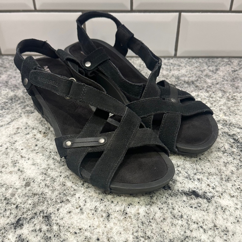 Merrell Revalli Womens 9‎ Wedge Sandals Black Suede Strappy Air Cushion Gorpcore